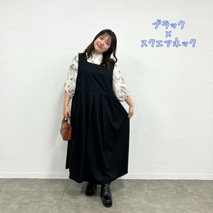 前後2wayタックジャンパースカートとタンドカラー花柄シアーブラウス