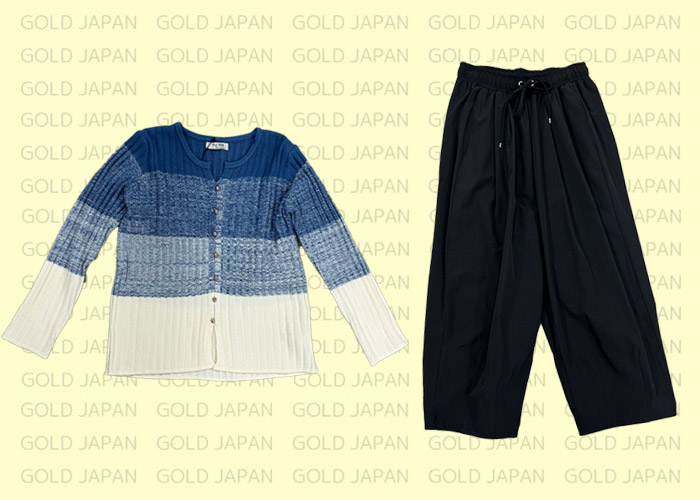 キーネックグラデーションリブニットとストレッチタックコクーンワイドパンツ