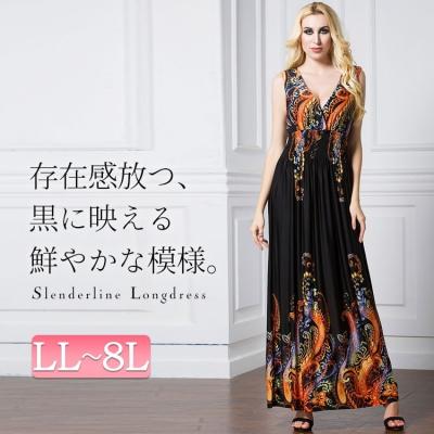 エスニックプリント柄マキシ丈ドレス