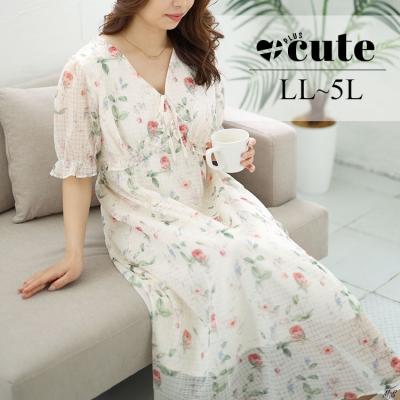 Vネック花柄シフォンワンピース