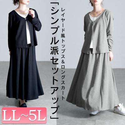 レイヤード風トップス＆ロングスカート2点セット