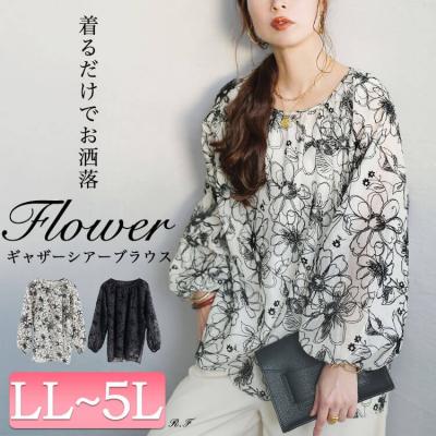 フロッキー花柄オーガンジーギャザーブラウス