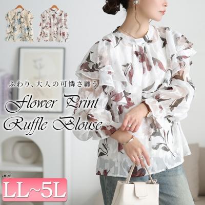 シアー花柄フリルショルダーブラウス