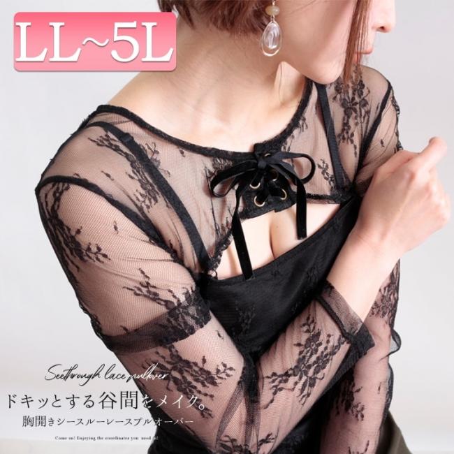胸開きシースルーレースプルオーバー