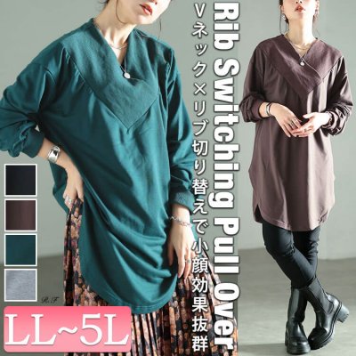 太リブ重ねVネックプルオーバー