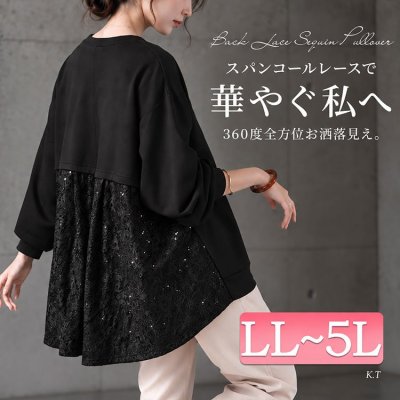バックスパンコールレースVネックプルオーバー レディース トップス 50代 LL-5L