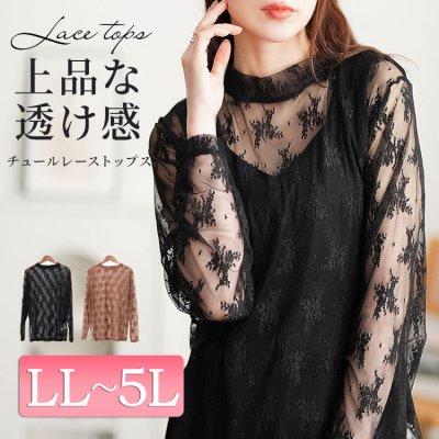 ミニハイネック花柄チュールレーストップス