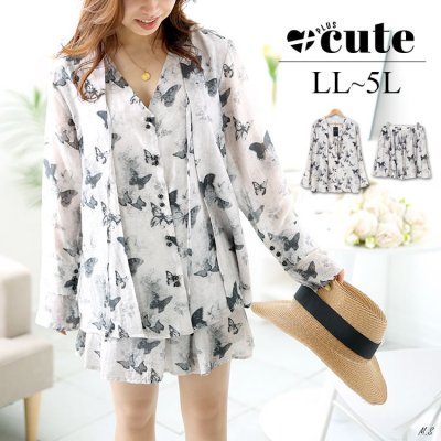 蝶々柄シアートップス＆パンツ裏地スカートセット