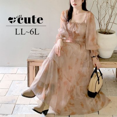 タイダイ柄スクエアネックティアードワンピース 女子会 華奢見せ ガーリー LL-6L