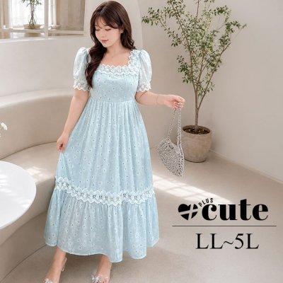 フラワーレースティアードワンピース 楽ちん ポリエステル ぽっちゃり LL-5L
