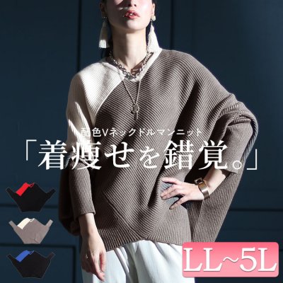 配色Vネックドルマンニット