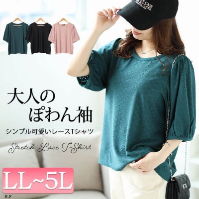 刺繍レースパフスリーブプルオーバー