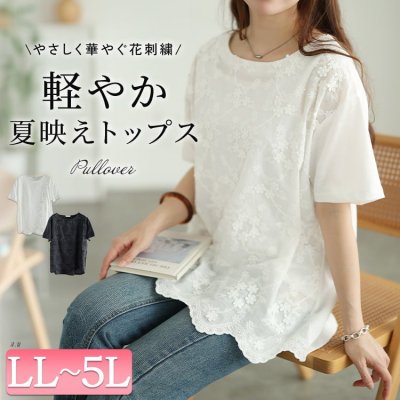 スカラップ花柄刺繍切り替えプルオーバー レディース トップス レース LL-5L