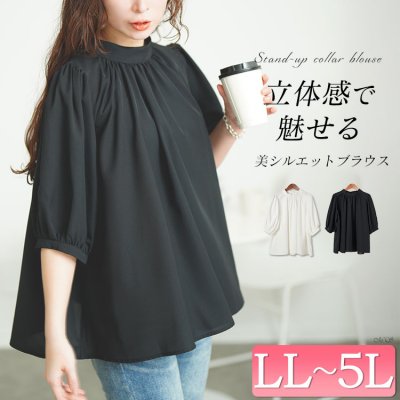 スタンドカラーパプスリーブブラウス