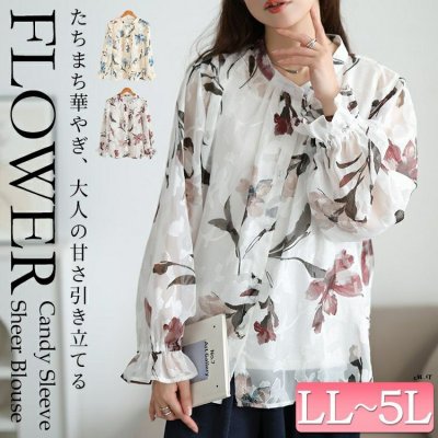 シアー花柄キャンディスリーブブラウス