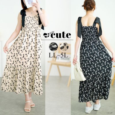 花柄肩リボンシャーリングワンピース