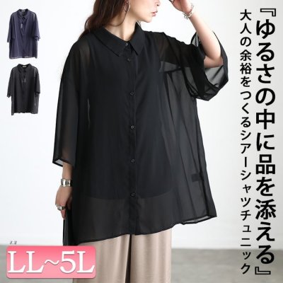 バックプリーツシフォンシャツチュニック フレアスリーブ おしゃれ 楽ちん LL-5L