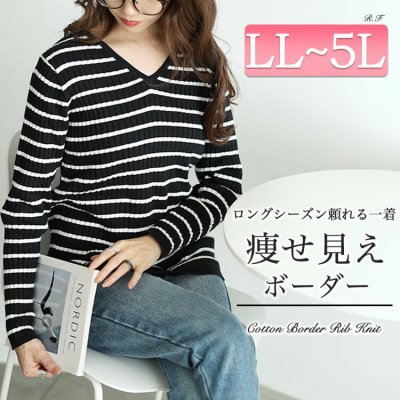 Vネックボーダーコットンリブニット
