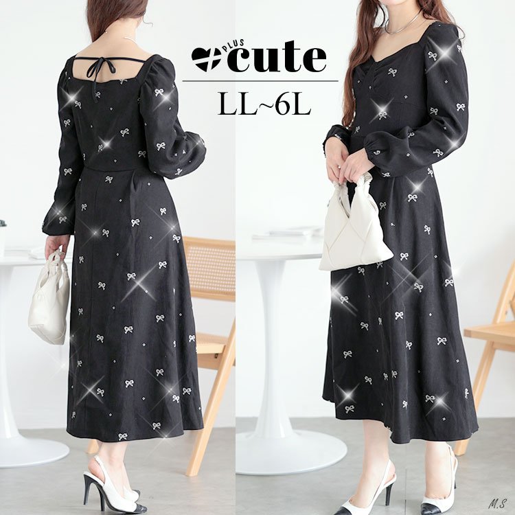 リボン柄ダイヤモンドネックロングワンピース 高見え 女子会 暖かい LL-6L