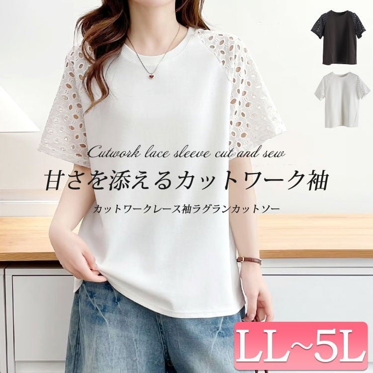 カットワークレース袖ラグランカットソー レディース トップス こなれ感 LL-5L