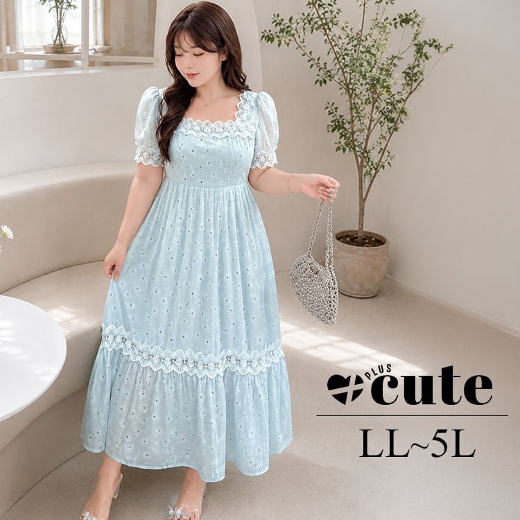 フラワーレースティアードワンピース 楽ちん 20代 華奢見せ LL-5L