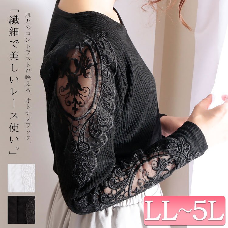 肩レースVネックリブトップス レディース 長袖 華奢見せ LL-5L