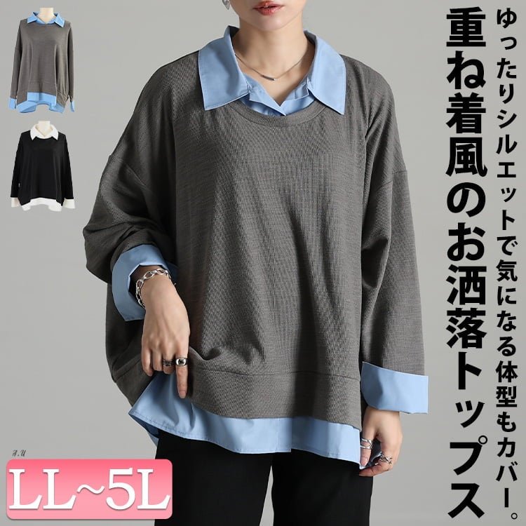 シャツレイヤード風ワイドプルオーバー レディース トップス 50代 LL-5L