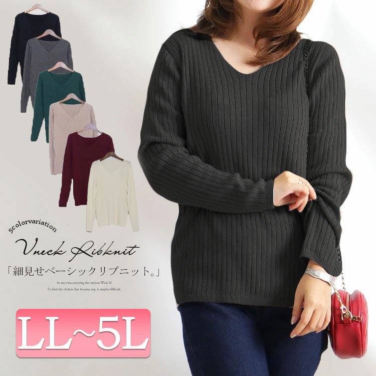 Vネックリブニット レディース トップス 大人 LL-5L