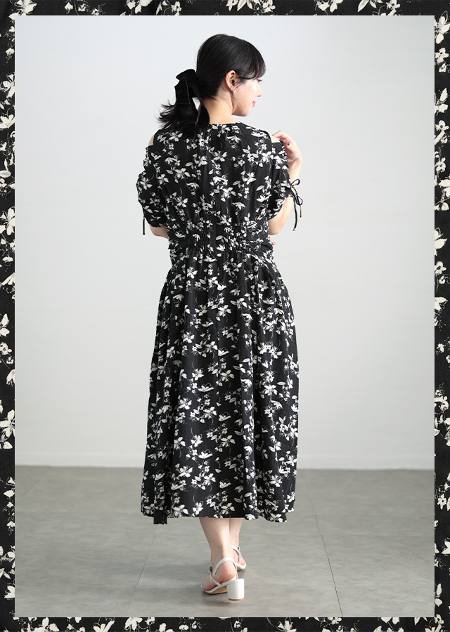 大きいサイズ レディース レトロフラワーウエストタックワンピース ブラック