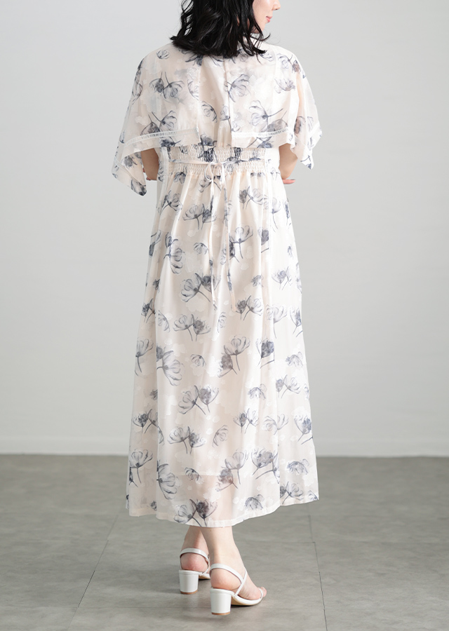 大きいサイズ レディース ケープスリーブフラワーワンピース 背面