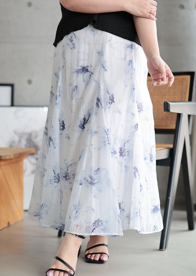 大きいサイズ レディース 花柄プリントスカート ブルー