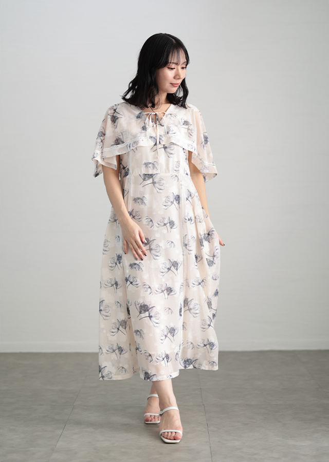 ケープスリーブ花柄ドレスワンピース
