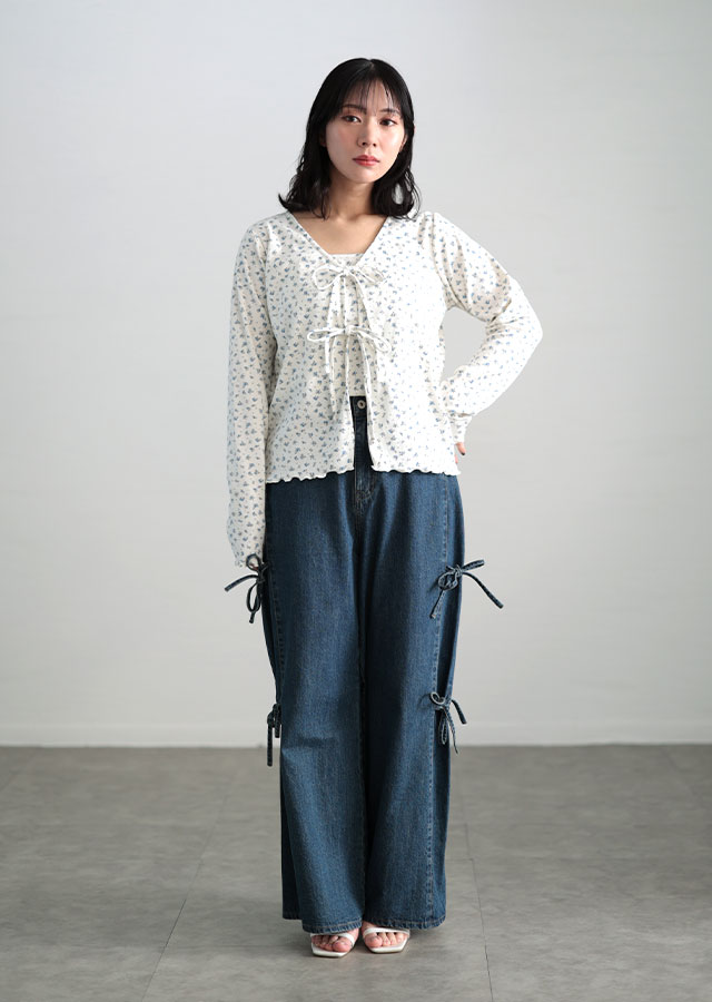 サイドリボンワイドデニムパンツ