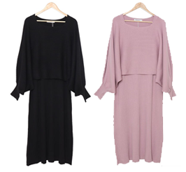 ボリュームスリーブニット＆リブワンピース2点セット